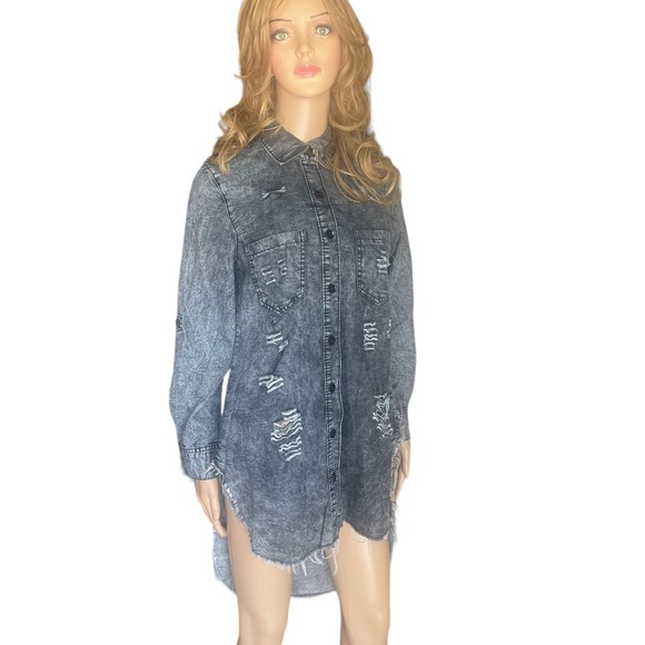 Thrill Jeans Hi Low Denim 
Shirt Women Dark Gray Acid
Wash Destroyed size M - Picture 2 of 15